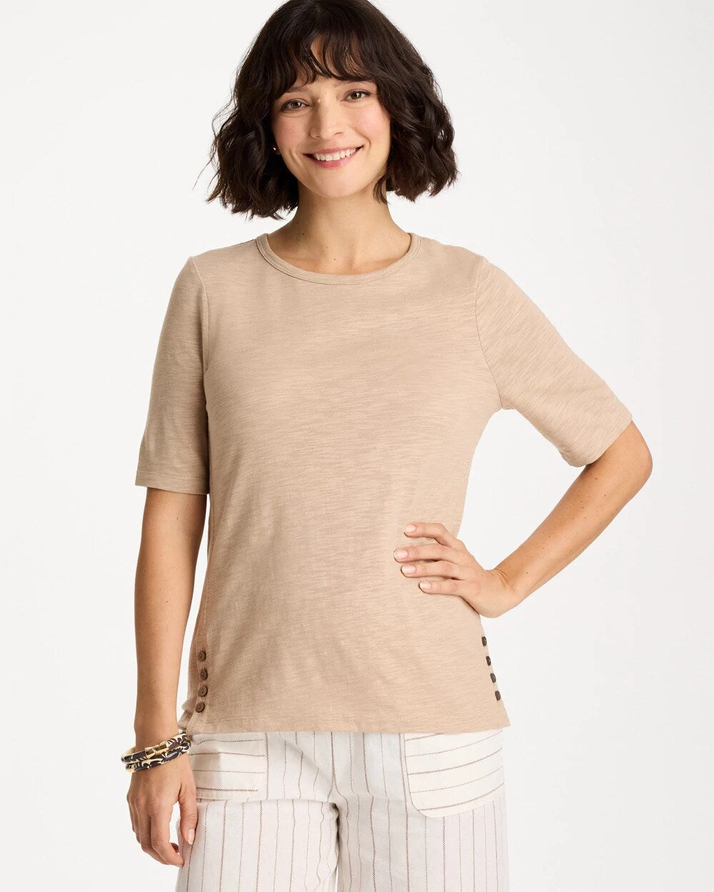 Foil Print Cotton Slub Elbow-Sleeve Tee