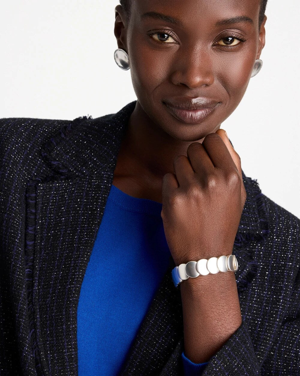 Semi-Bright Silvertone Flat Circle Stretch Bracelet