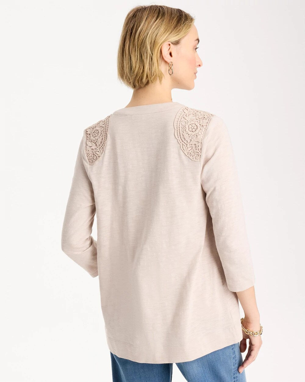 Embroidered Cotton Slub 3/4 Sleeve Cardigan