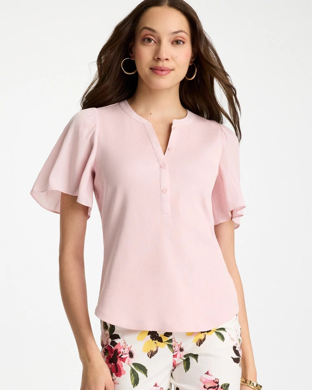 Rib Knit Woven Flutter Sleeve Tee