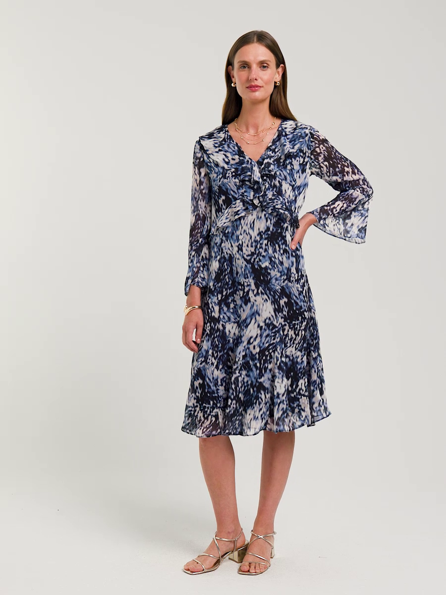 Chiffon Ruffled-Surplice Godet Dress