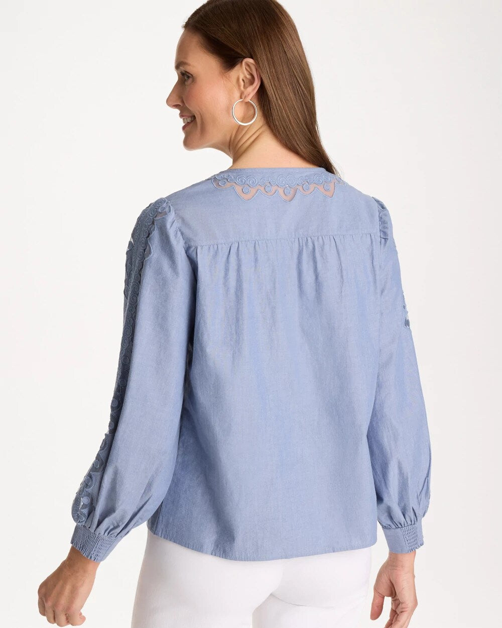 Chambray Lace Tie-Front Blouse