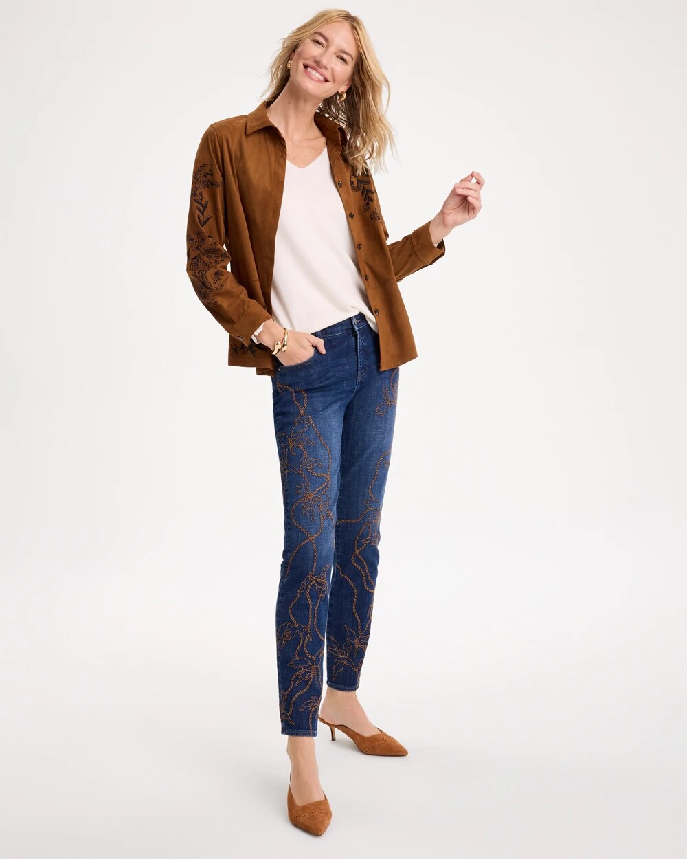 Petite Embellished Pull-On Straight Jeans