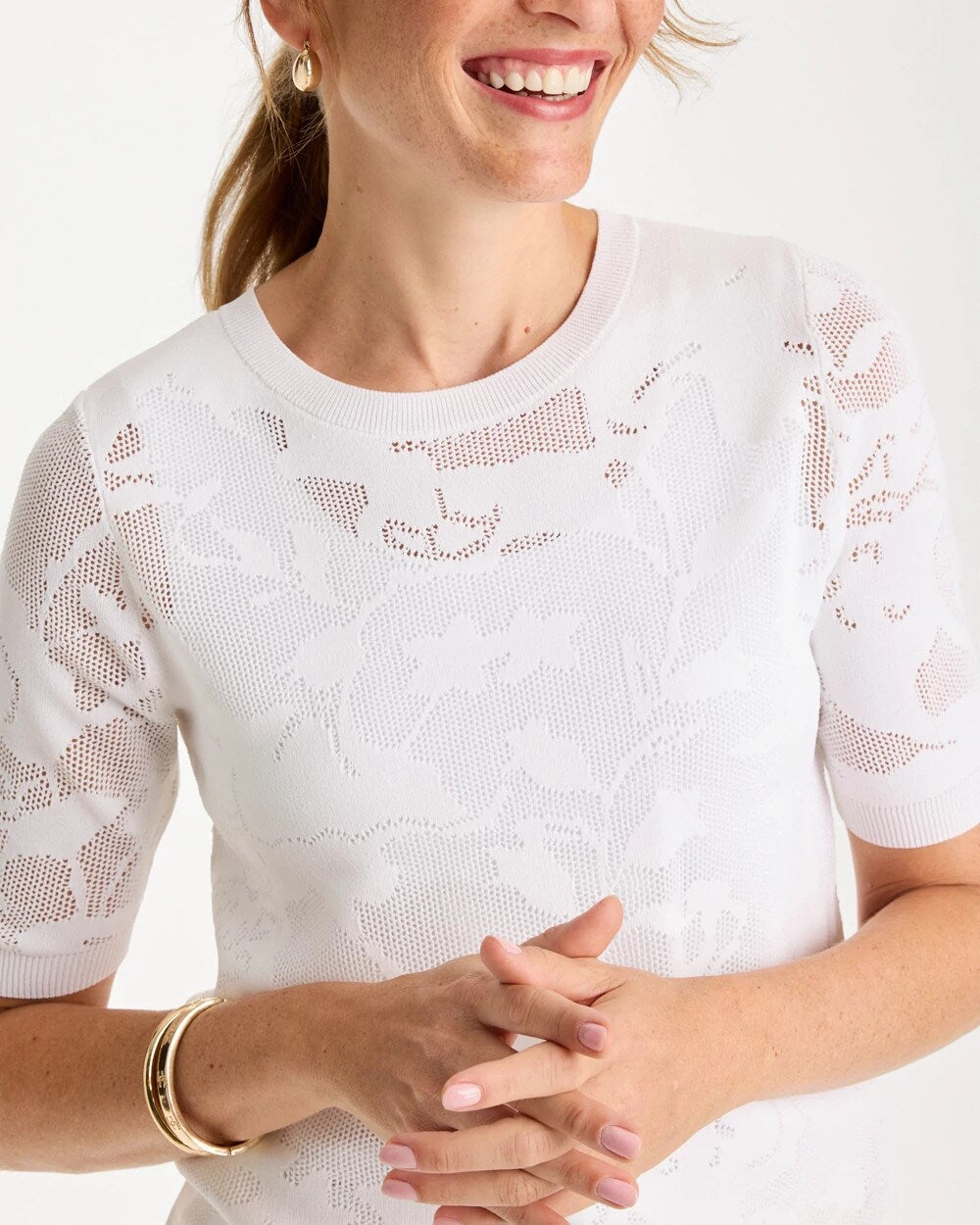Ella Short-Sleeve Pointelle Sweater