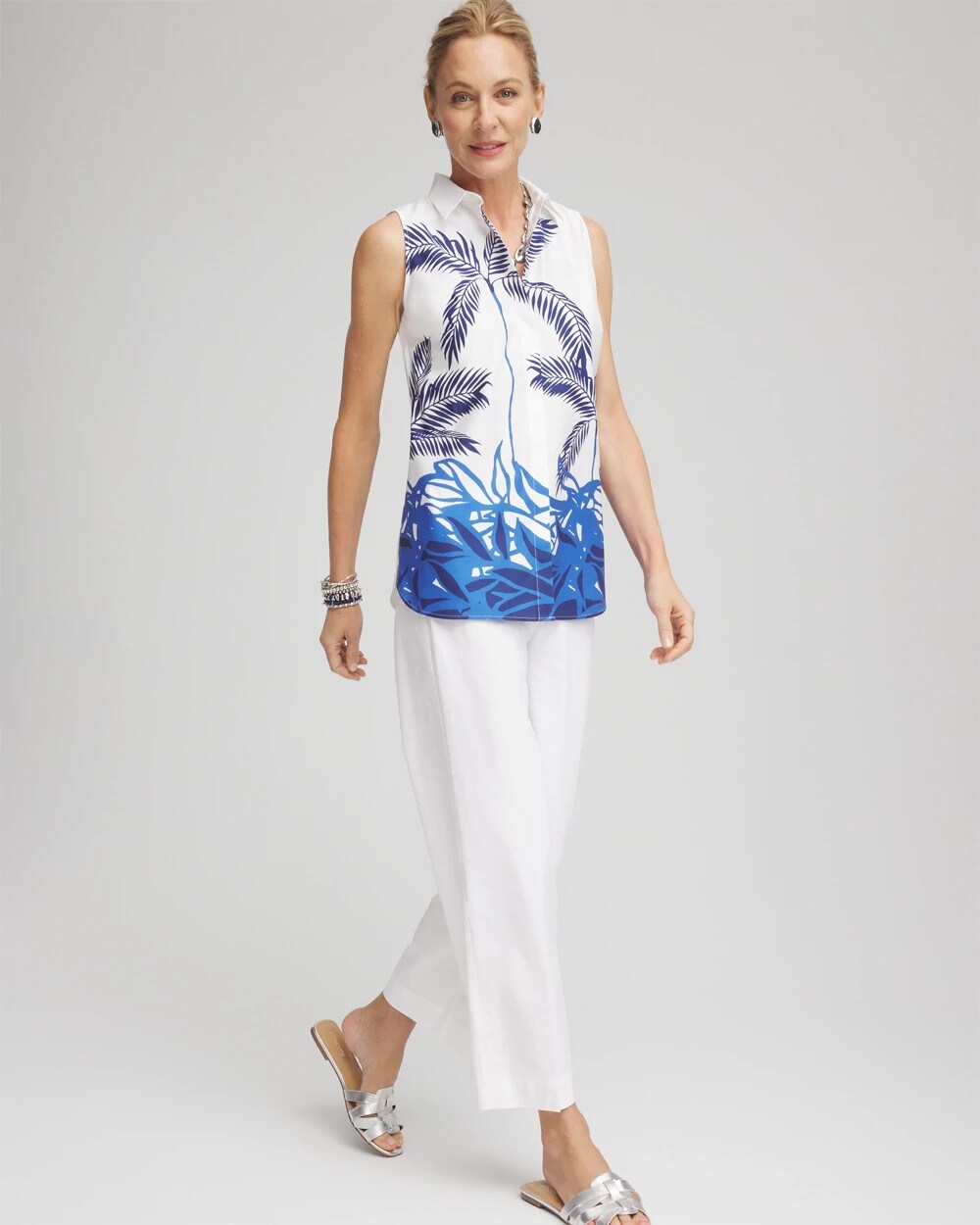 No Iron Palms Sleeveless Sateen Shirt