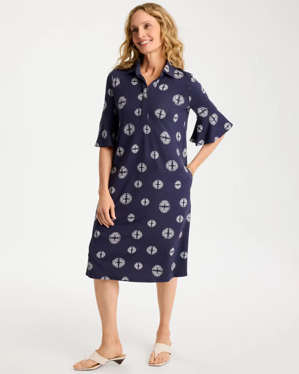 Printed Ponte Flounce Sleeve Dress
