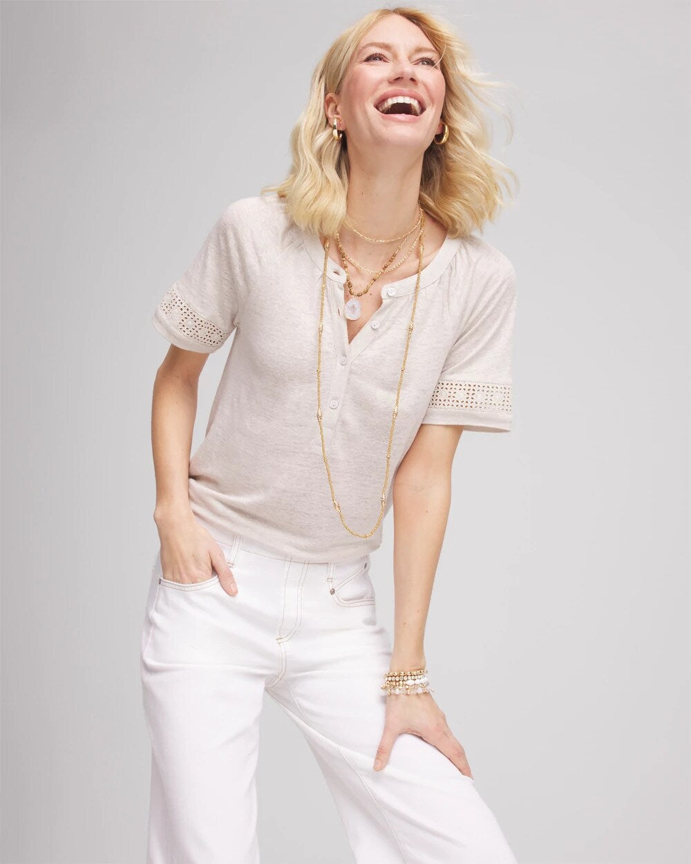 Linen Lace-Cutwork Sleeve Henley Tee