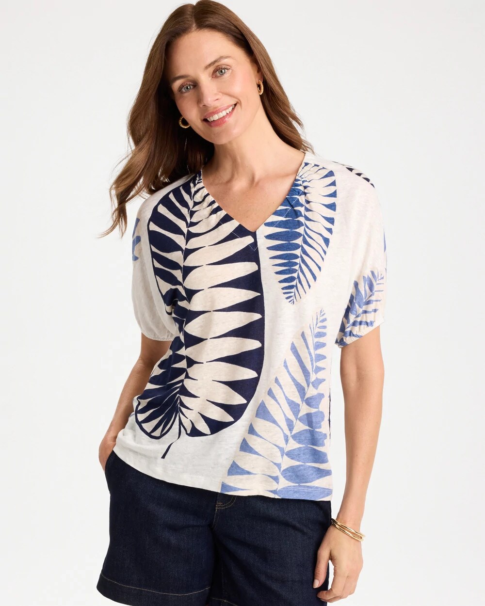 Leaf Print Linen Ruched V-Neck Tee