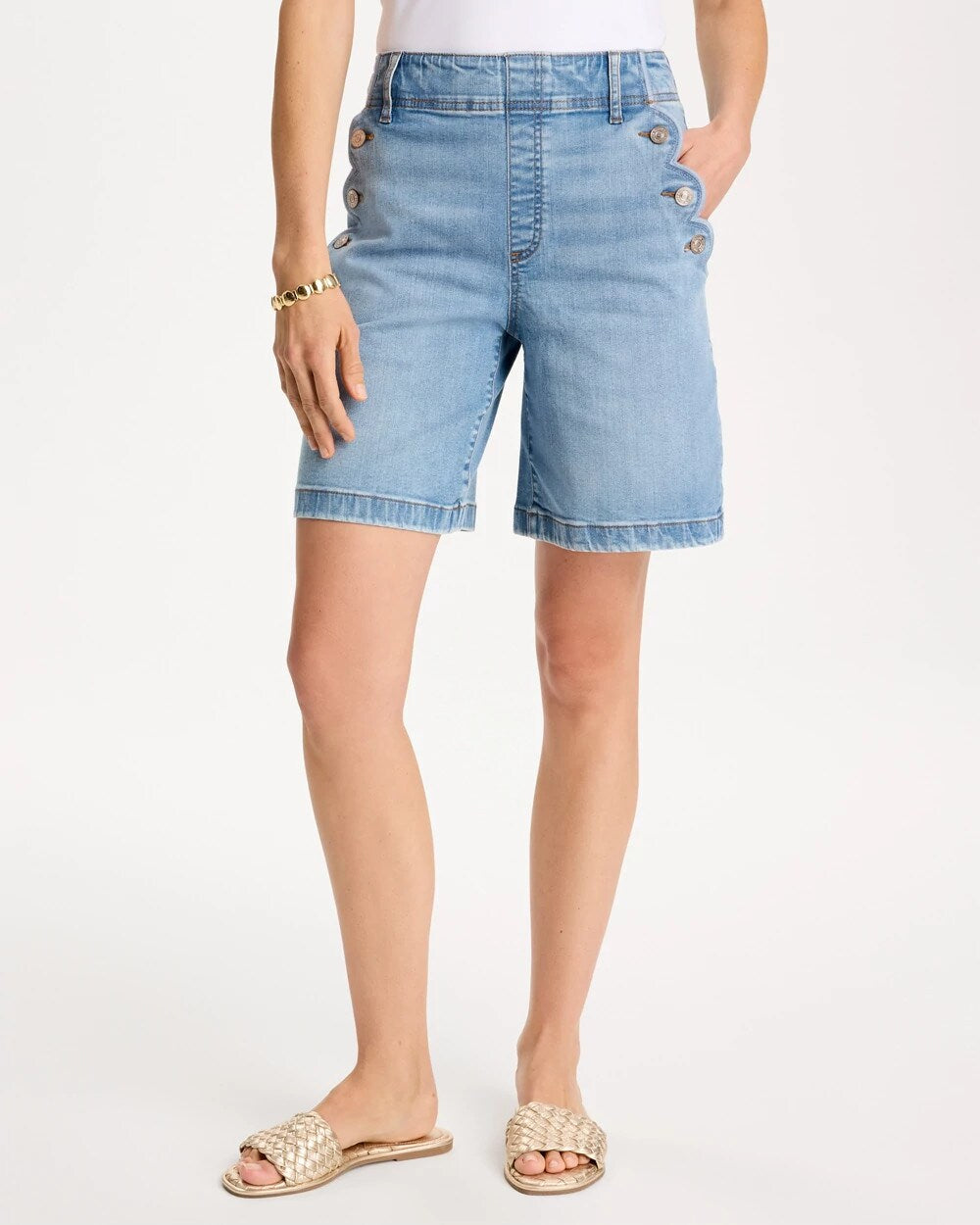 Pull-On Scallop Button Jean Shorts