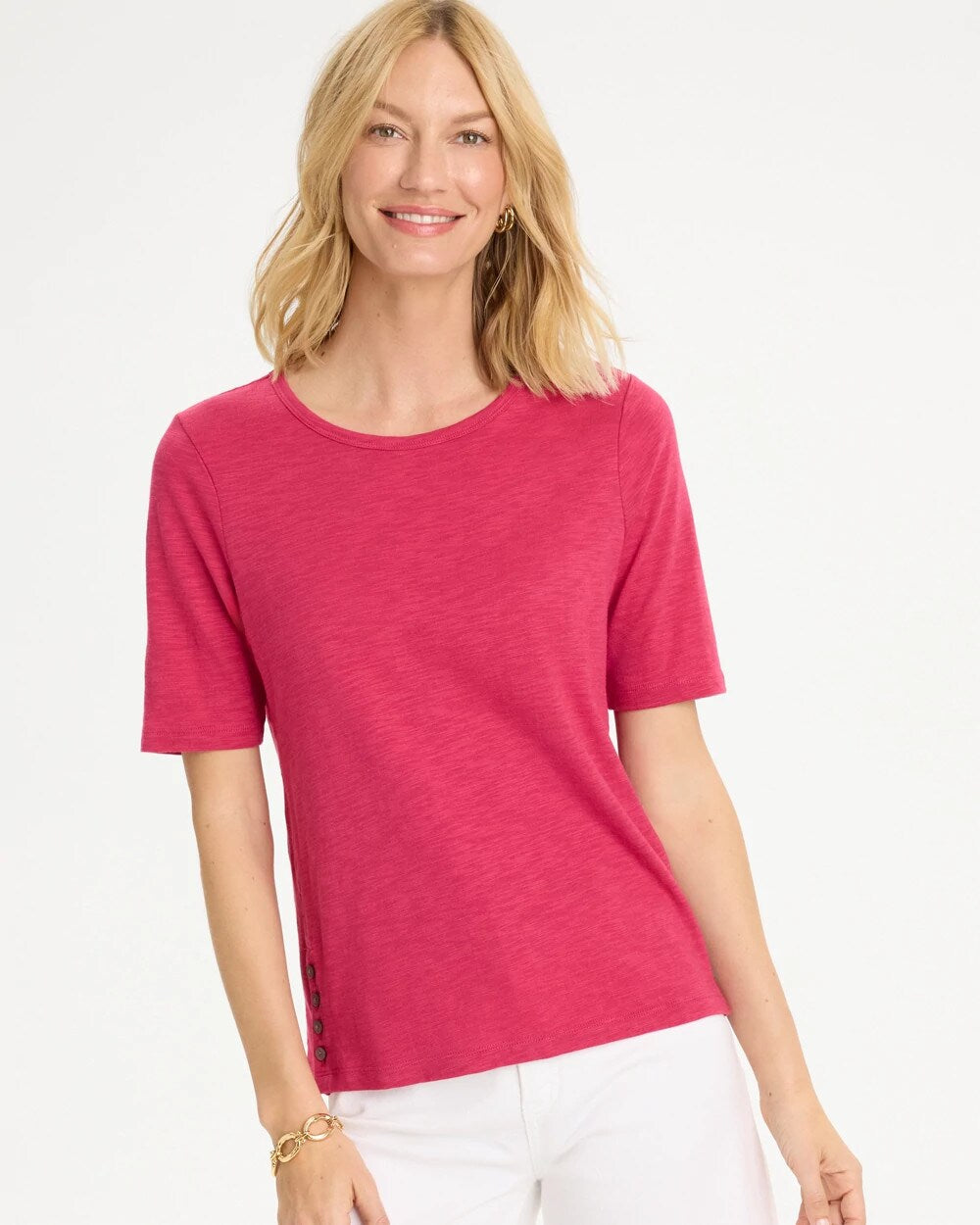 Cotton Slub Crewneck Button Tee
