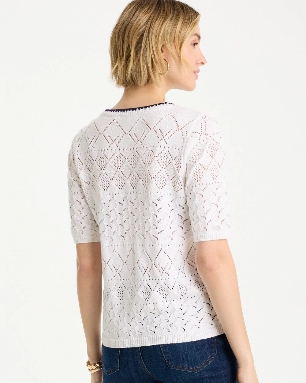 Pointelle Blanket-Stitch Pullover Sweater