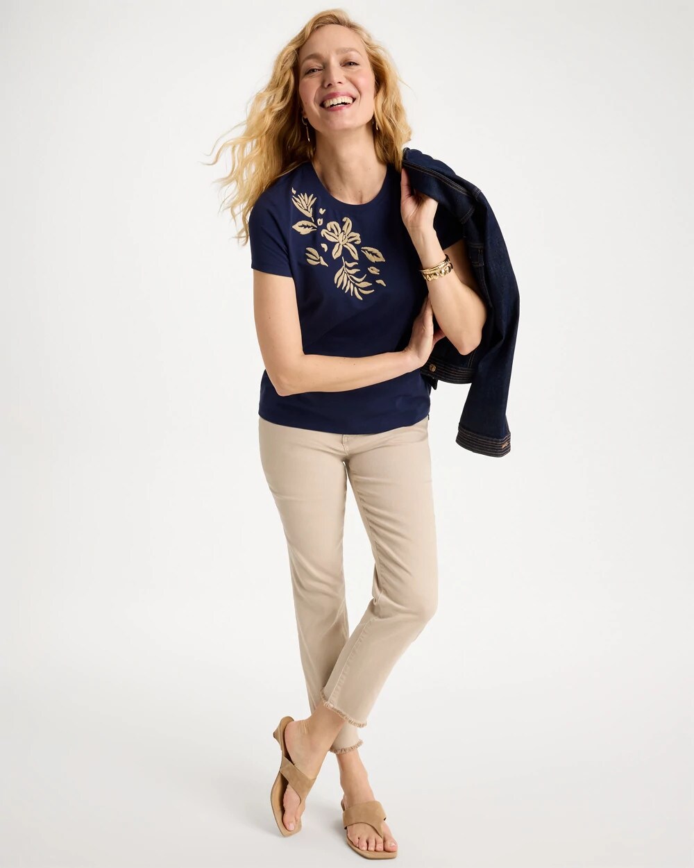 Cotton Stretch Cap Sleeve Embroidered Tee