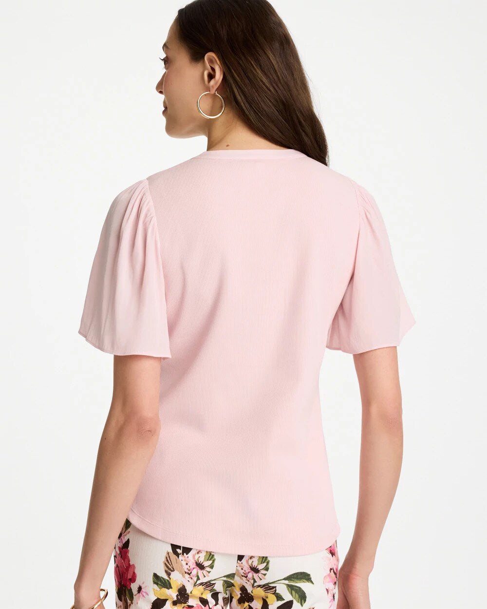 Rib Knit Woven Flutter Sleeve Tee