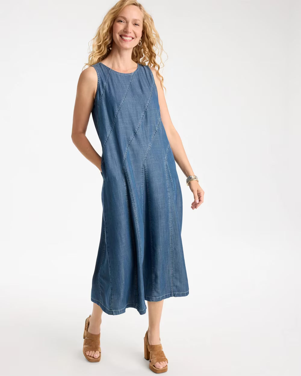 Denim Godet Sleeveless Dress