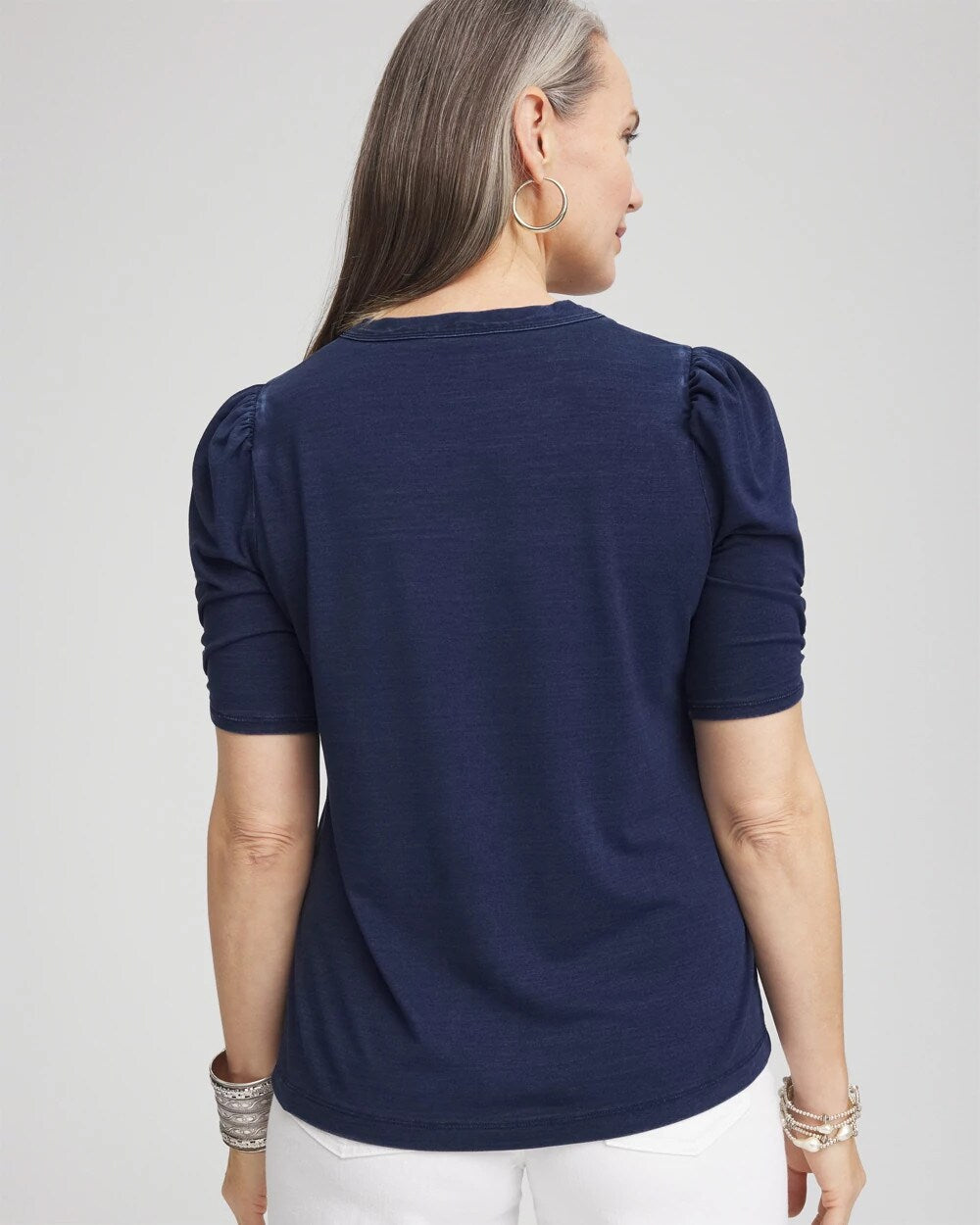 Denim Shirred-Sleeve Henley Tee