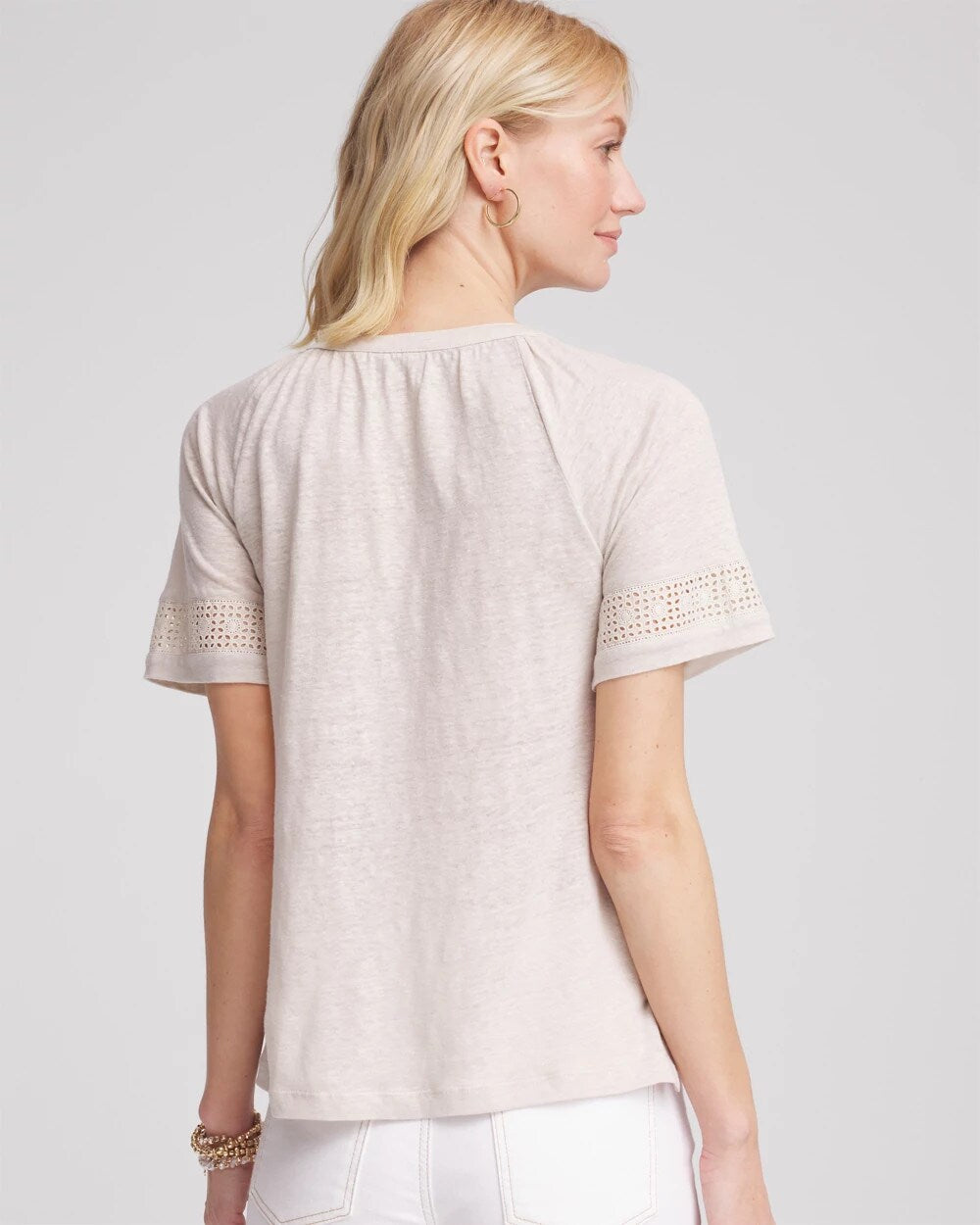 Linen Lace-Cutwork Sleeve Henley Tee