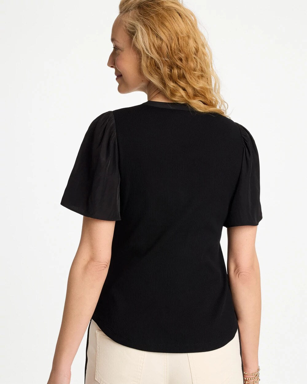 Rib Knit Woven Flutter Sleeve Tee