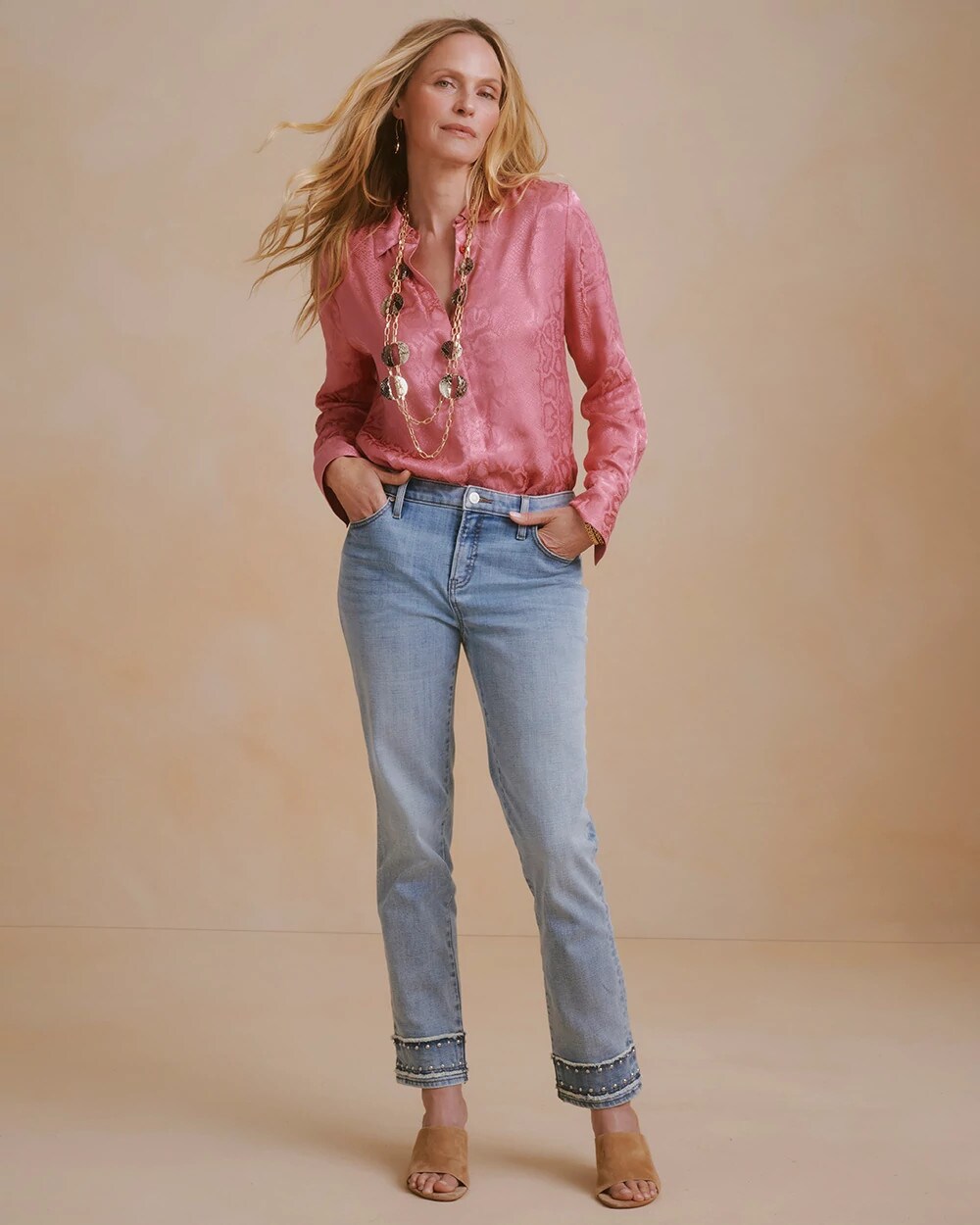 Girlfriend Slim Fray Hem Stud Ankle Jeans
