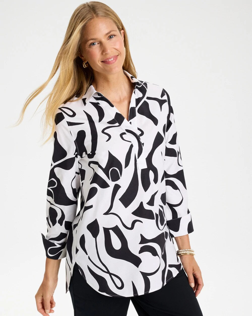 No Iron Stretch Two-Tone Print Tunic
