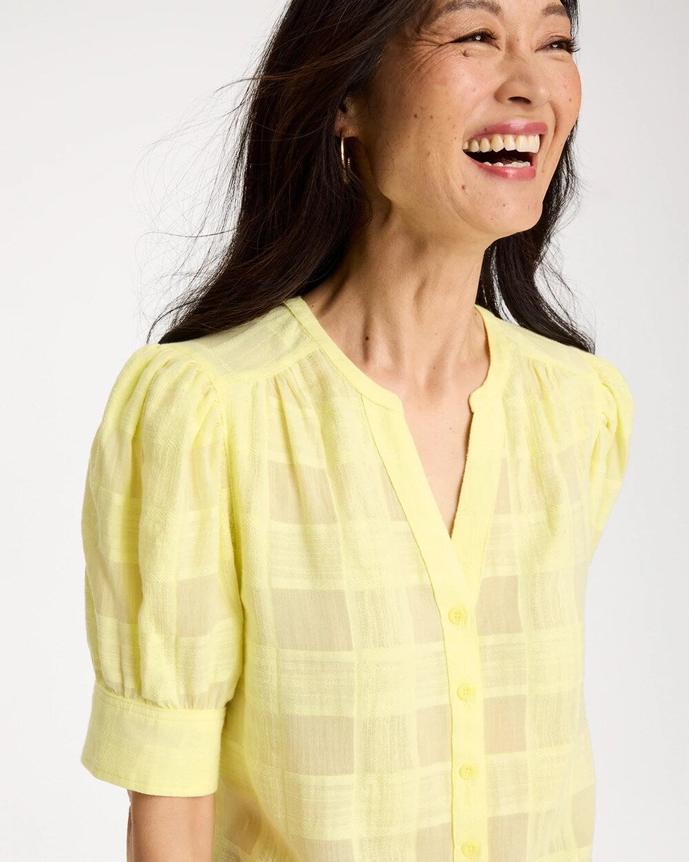 Cotton Plaid Elbow-Sleeve Shirt