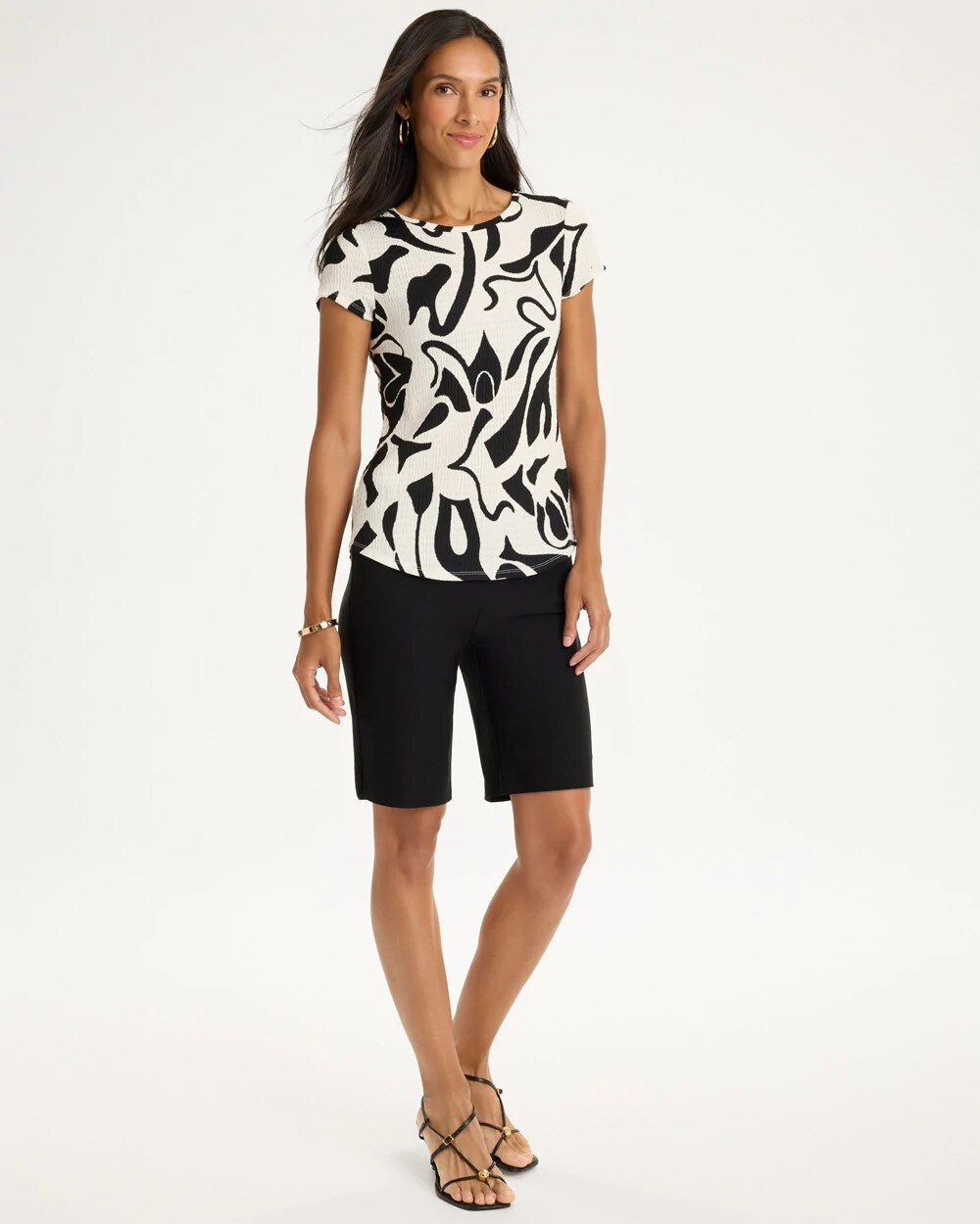 Printed Textured Knit Cap Sleeve Tee