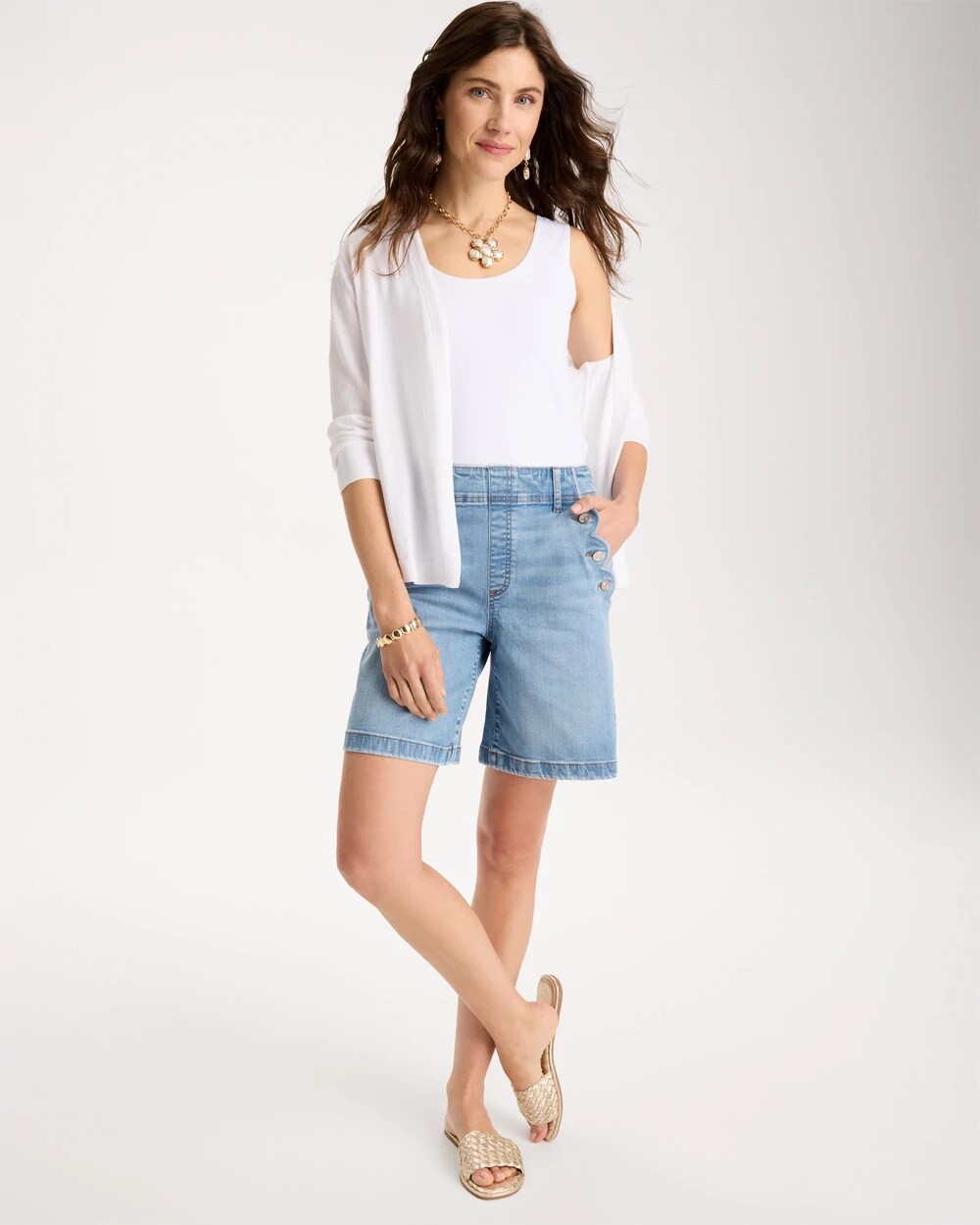 Pull-On Scallop Button Jean Shorts