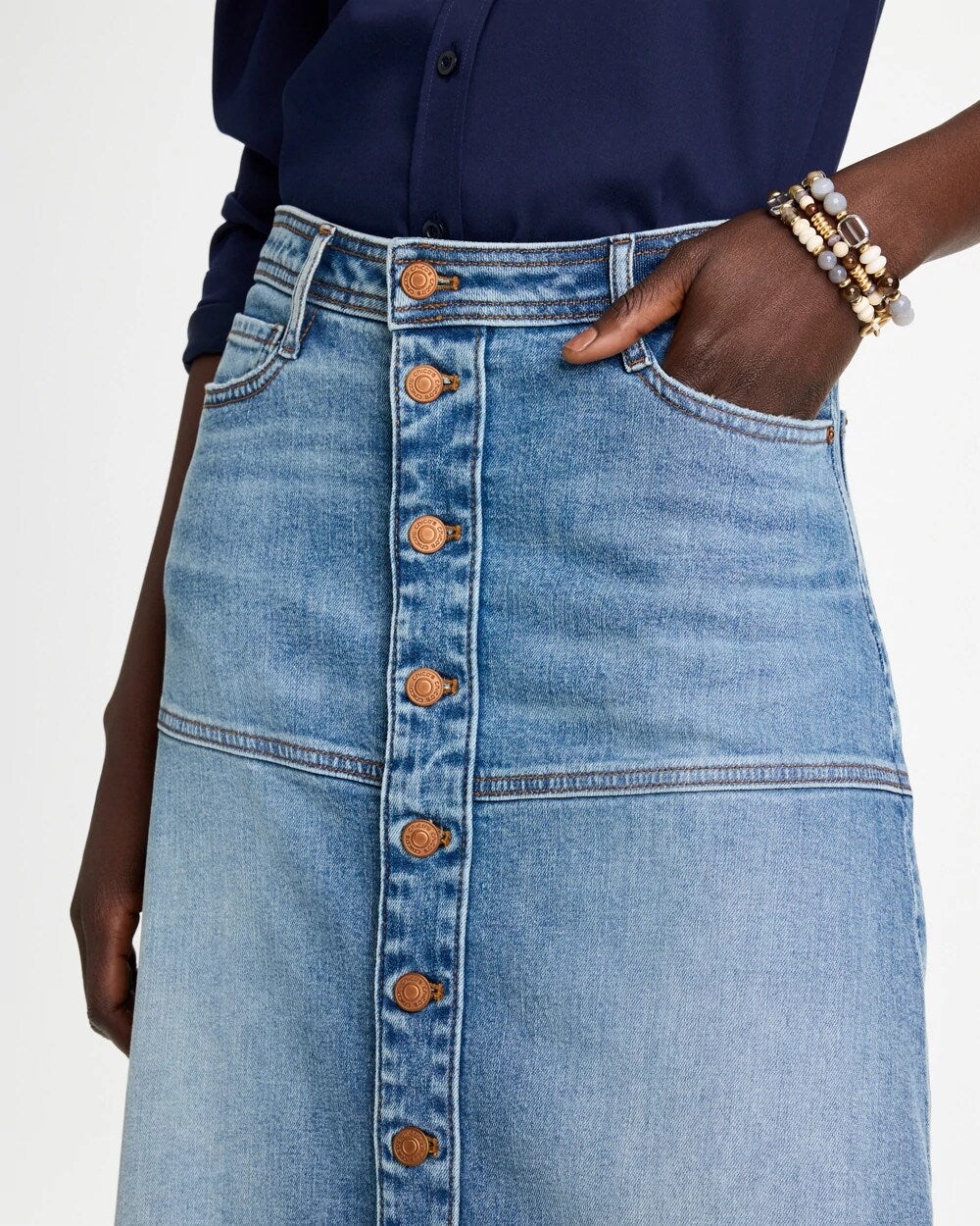 Drapey Denim Button Front Skirt
