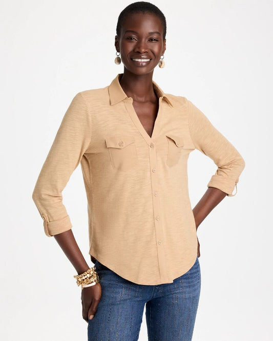 Button-Front Collared Henley Top