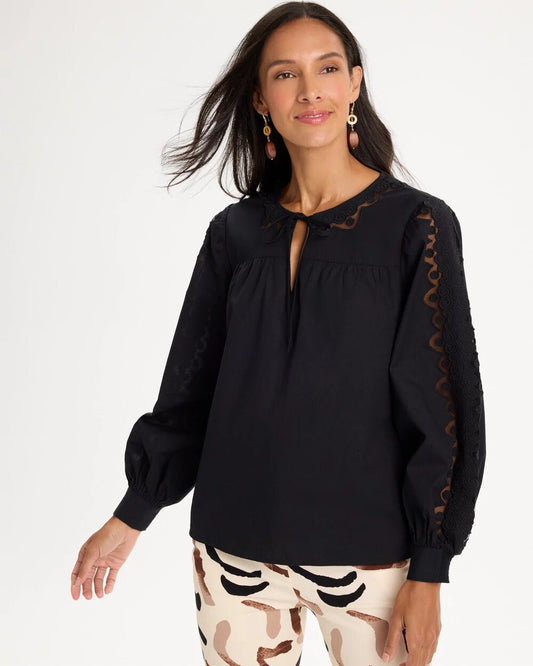 Poplin Cotton Lace Tie-Front Blouse