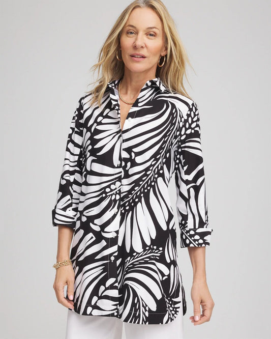No Iron Printed Palms Button Down Tunic