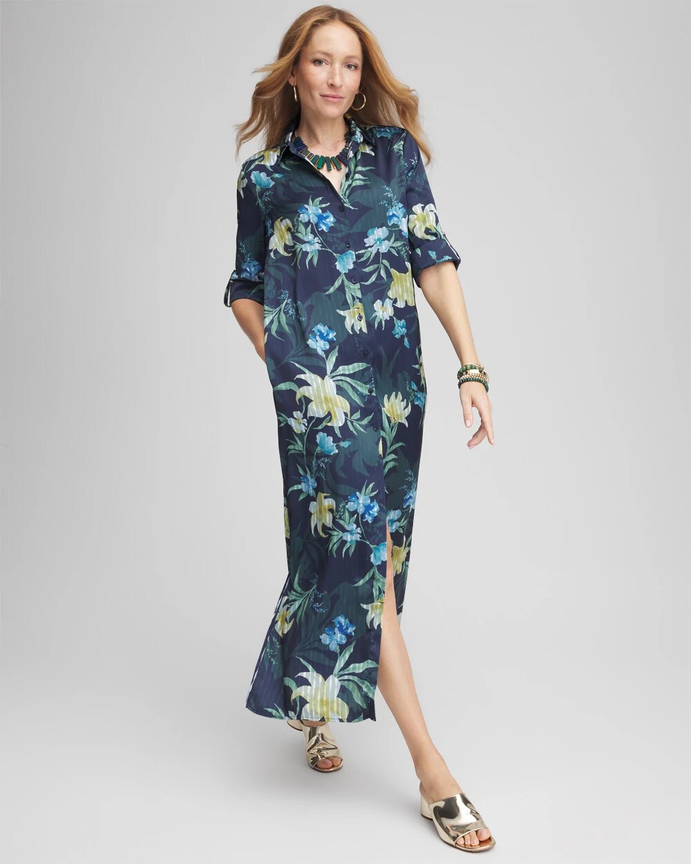 Satin Floral Maxi Shirtdress