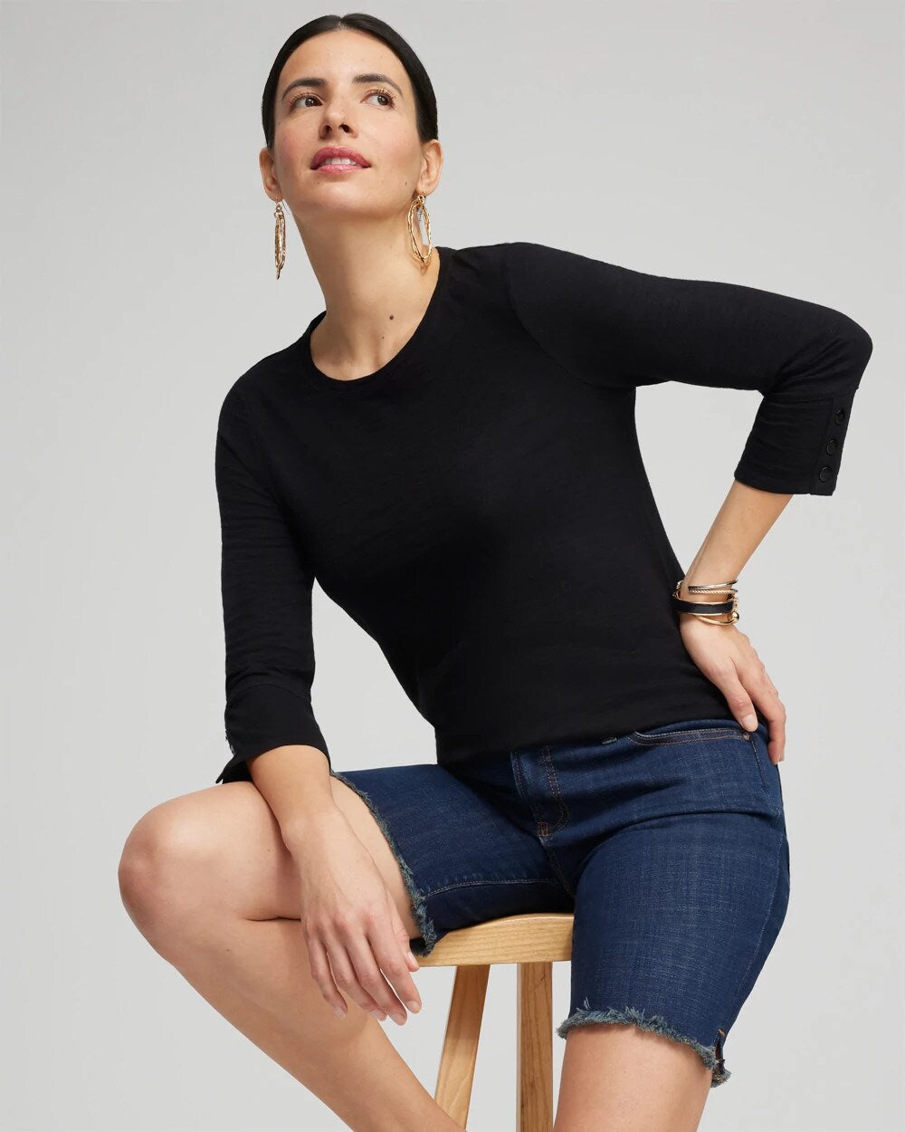 Cotton Slub 3/4 Sleeve Button Tee