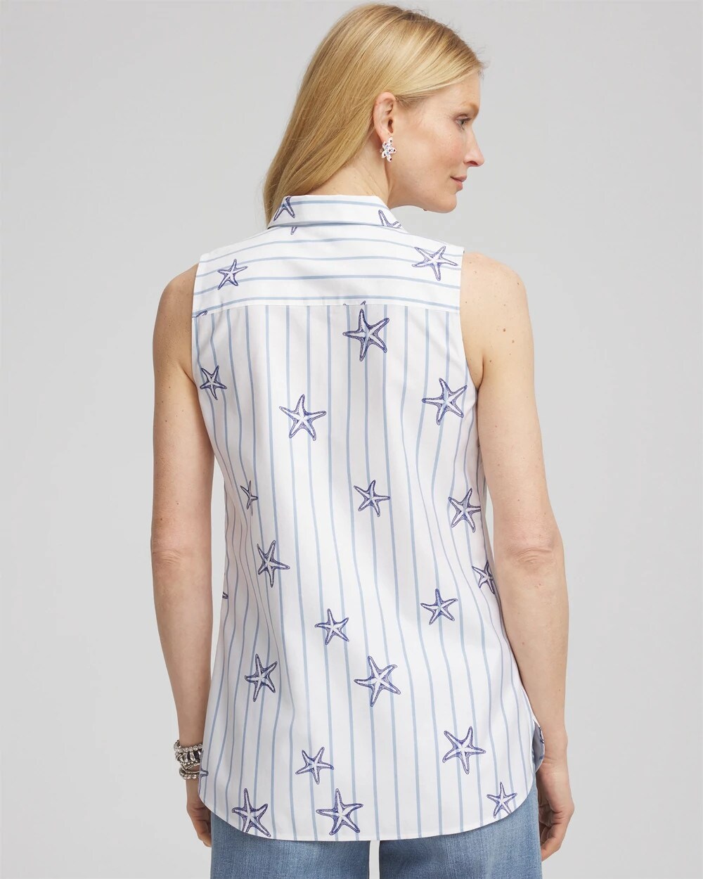 No Iron Starfish Striped Sleeveless Sateen Shirt
