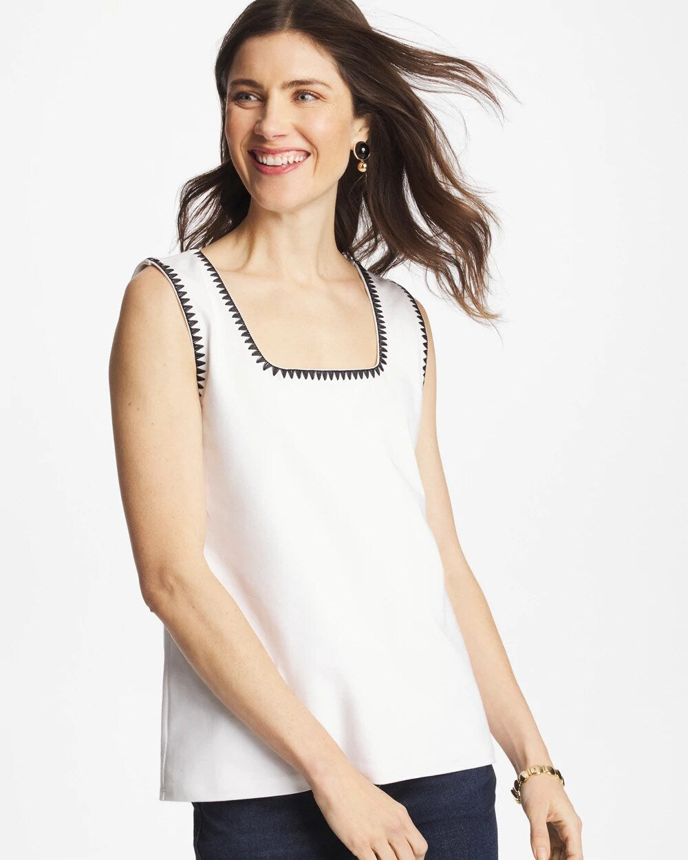 Blanket Stitch Contour Cotton Square Neck Tank