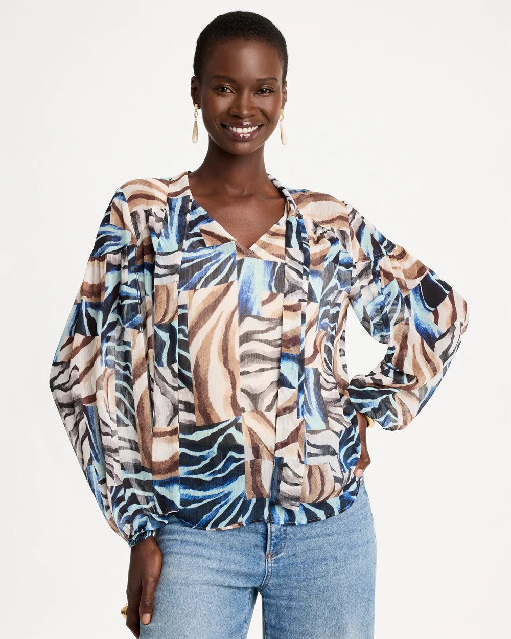 Zebra Crinkle Chiffon Tie-Front Blouse