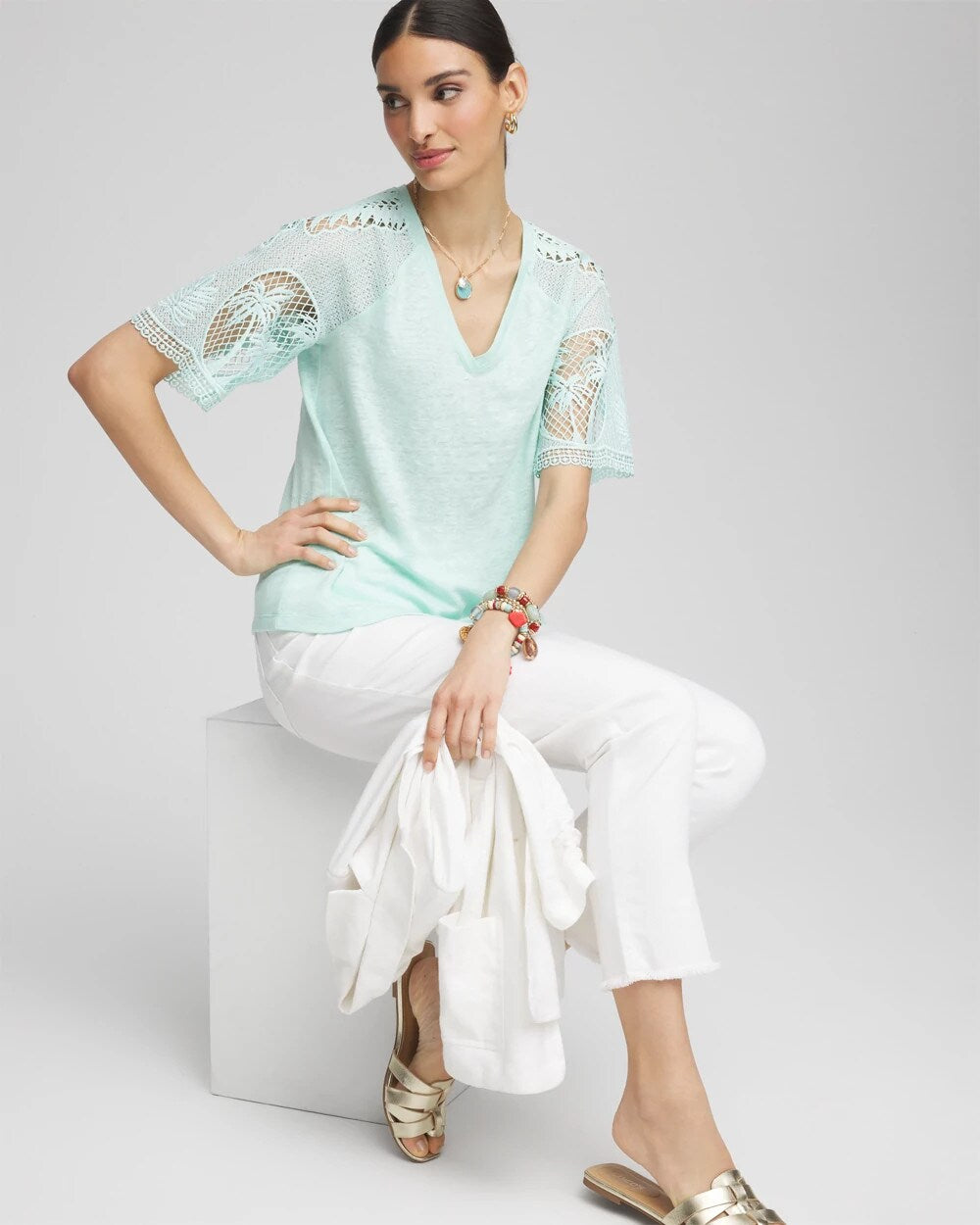 Linen Crochet Lace Short Sleeve Tee
