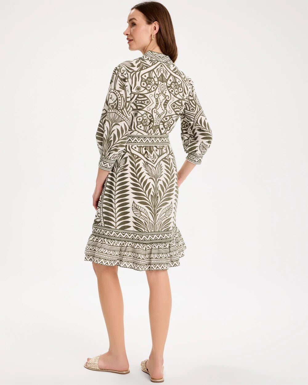 Printed Cotton-Linen Belted Dress