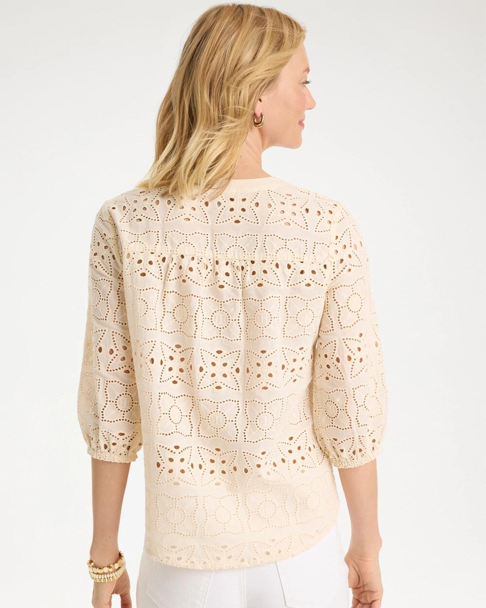 Cotton Geo Eyelet 3/4 Sleeve Blouse