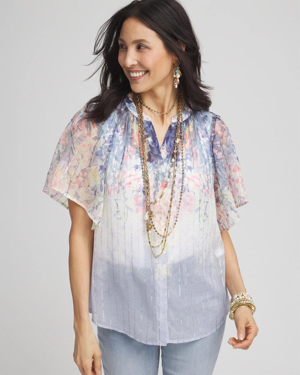 Jacquard Flutter-Sleeve Blouse