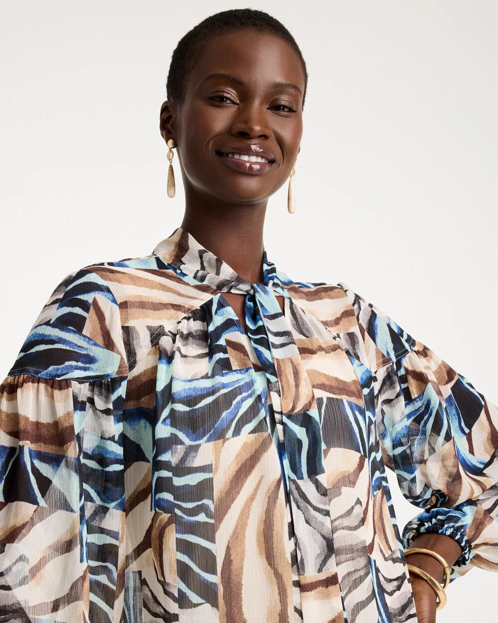 Zebra Crinkle Chiffon Tie-Front Blouse