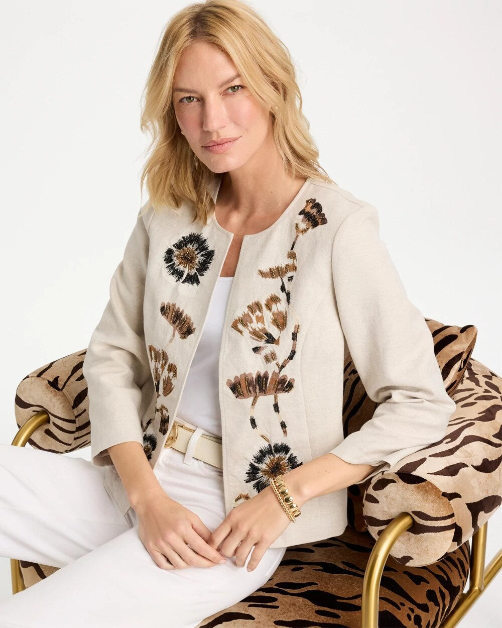 Linen Collarless Embroidered Jacket