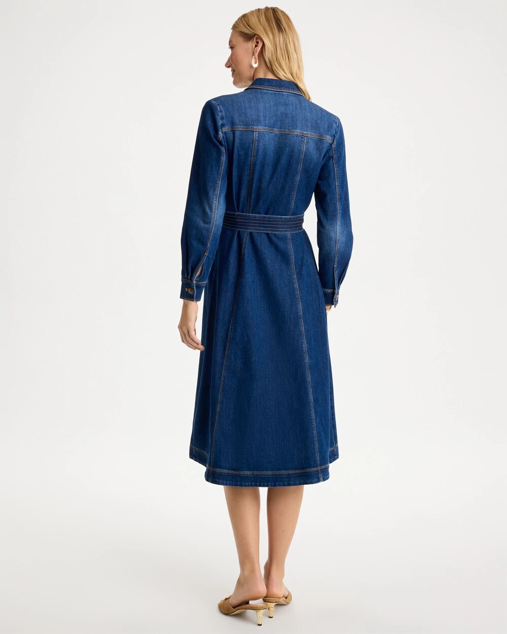 Denim Midi Trapunto-Belted Shirtdress
