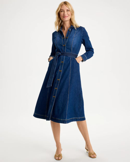 Denim Midi Trapunto-Belted Shirtdress