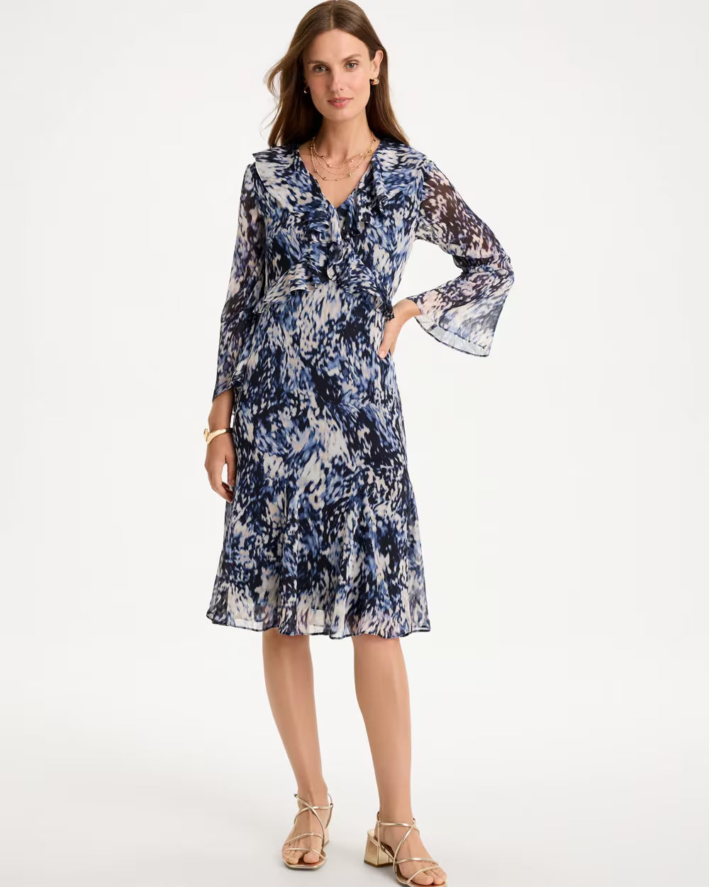 Chiffon Ruffled-Surplice Godet Dress