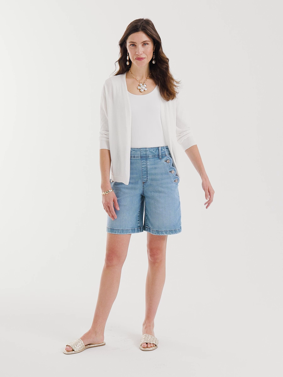 Pull-On Scallop Button Jean Shorts