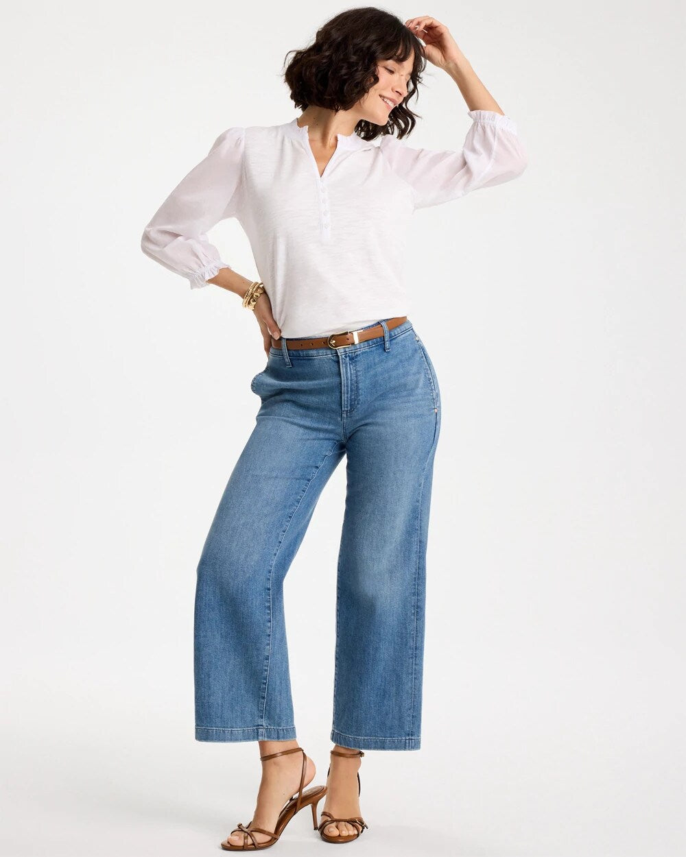 Ruffled V-Neck 3/4 Sleeve Top