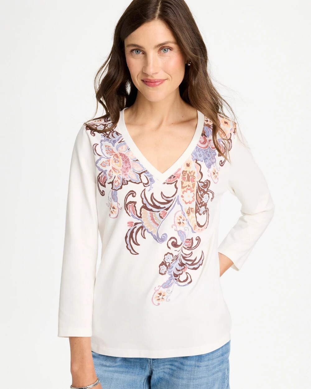 Placed Print Cotton Stretch 3/4 Sleeve Tee