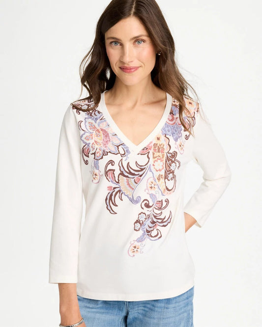 Placed Print Cotton Stretch 3/4 Sleeve Tee