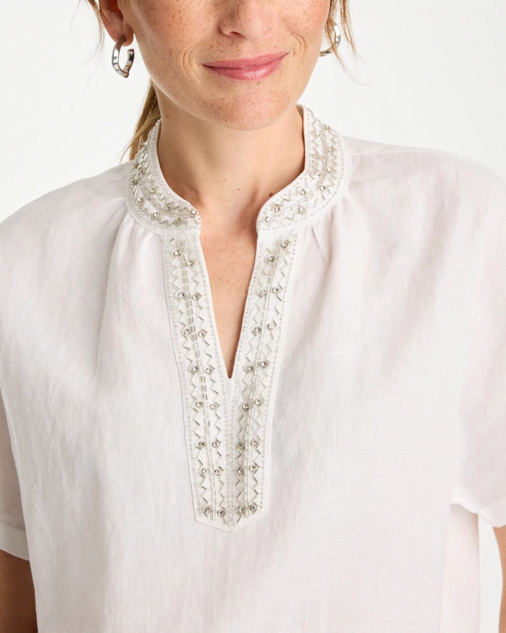 Linen Embellished Popover Top
