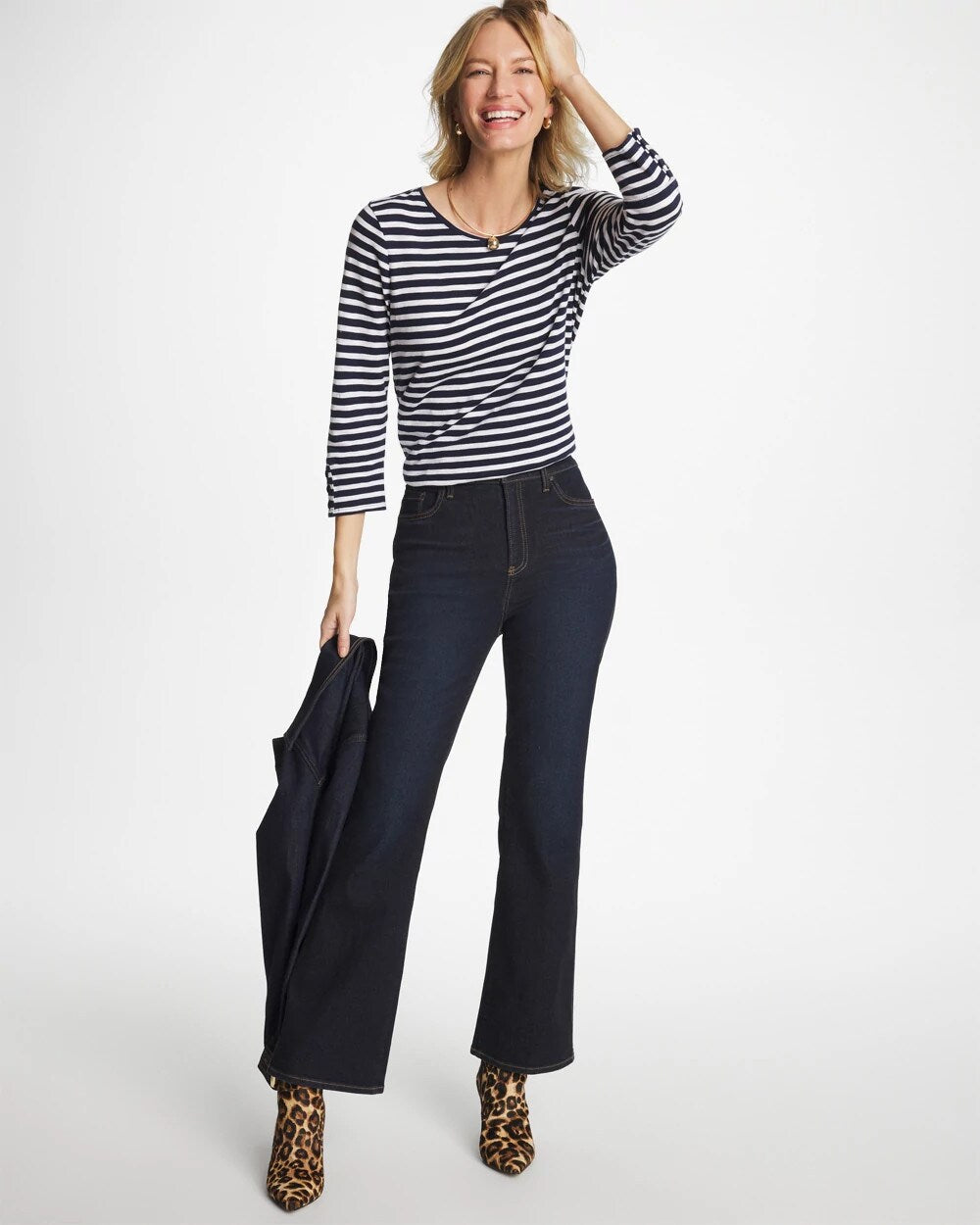 Striped Cotton Slub 3/4 Sleeve Button Tee